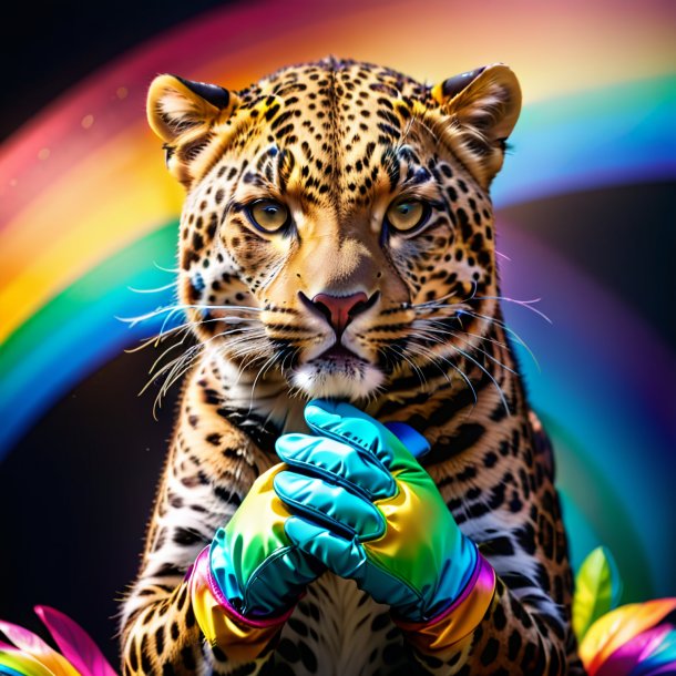 Foto de un leopardo en guantes en el arco iris