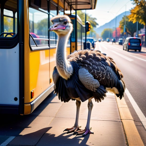 Photo of a ostrich in a skirt on the bus stop