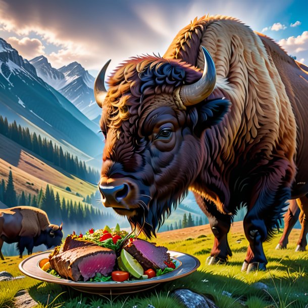 Photo of a eating of a bison in the mountains