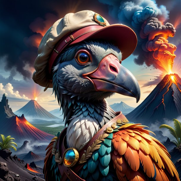 Illustration of a dodo in a cap in the volcano