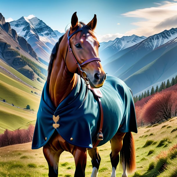 Image of a horse in a coat in the mountains