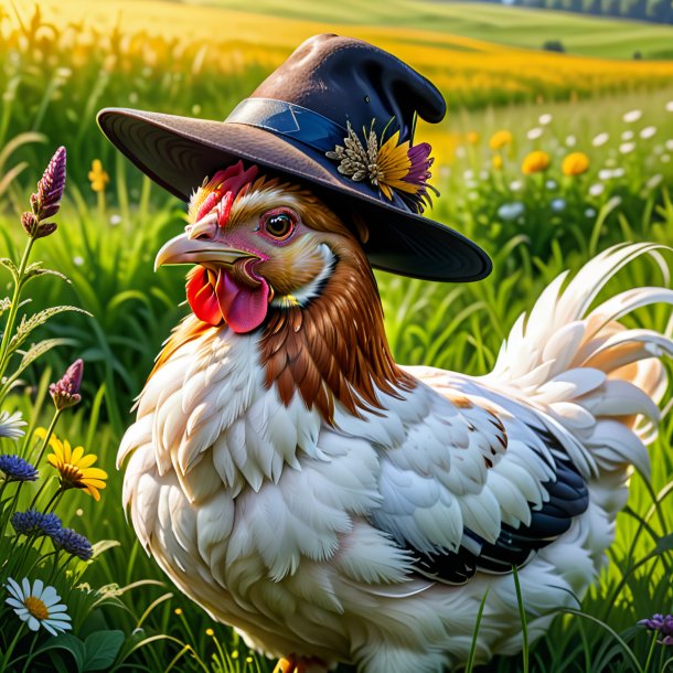 Drawing of a hen in a hat in the meadow