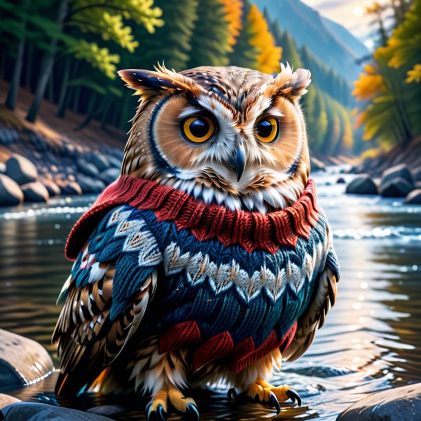 Photo of a owl in a sweater in the river