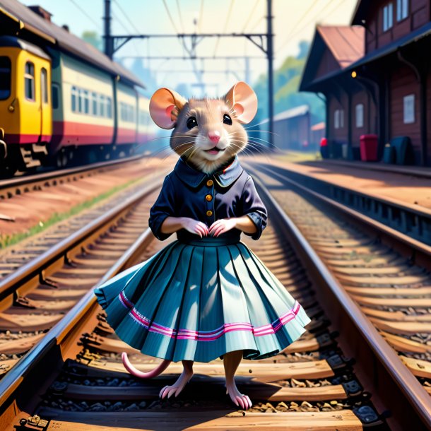 Drawing of a rat in a skirt on the railway tracks