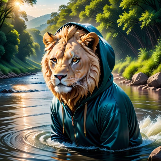 Pic of a lion in a hoodie in the river