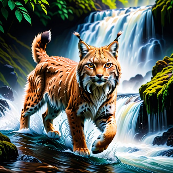 Photo of a swimming of a lynx in the waterfall