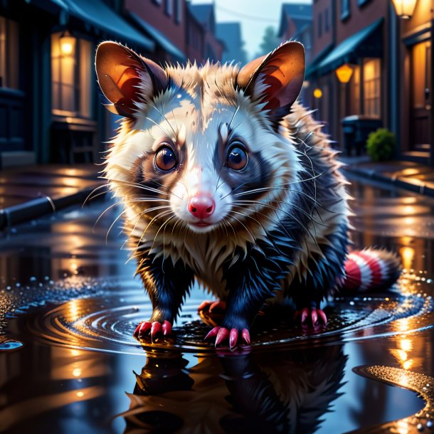 Illustration of a possum in a gloves in the puddle