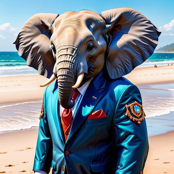 Picture of a elephant in a jacket on the beach