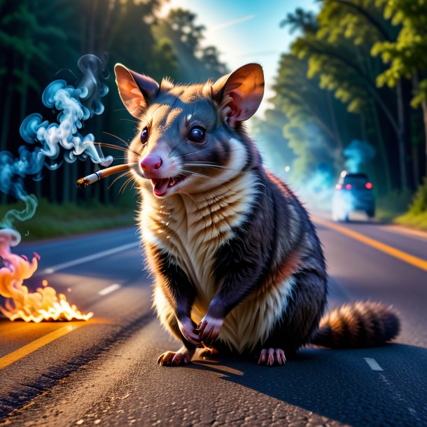 Pic of a smoking of a possum on the road