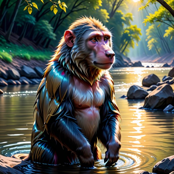 Drawing of a baboon in a coat in the river