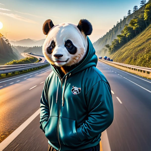 Pic d'un panda géant dans un sweat à capuche sur l'autoroute