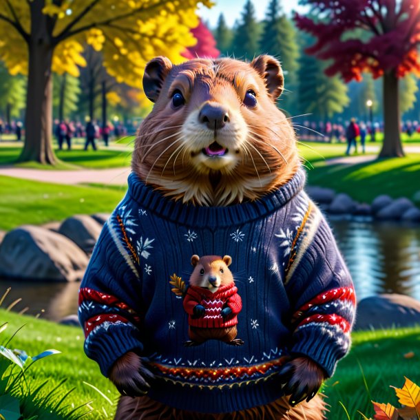 Pic of a beaver in a sweater in the park