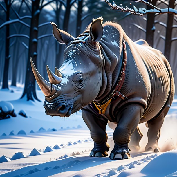 Photo of a rhinoceros in a belt in the snow