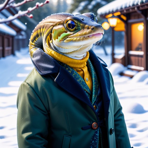 Foto de una anguila en un abrigo en la nieve