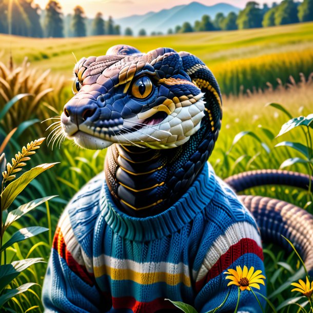 Photo of a king cobra in a sweater in the meadow