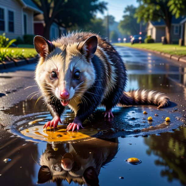 Imagen de un comer de una zarigüeya en el charco