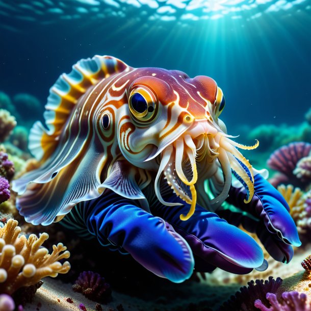 Photo of a cuttlefish in a gloves in the sea