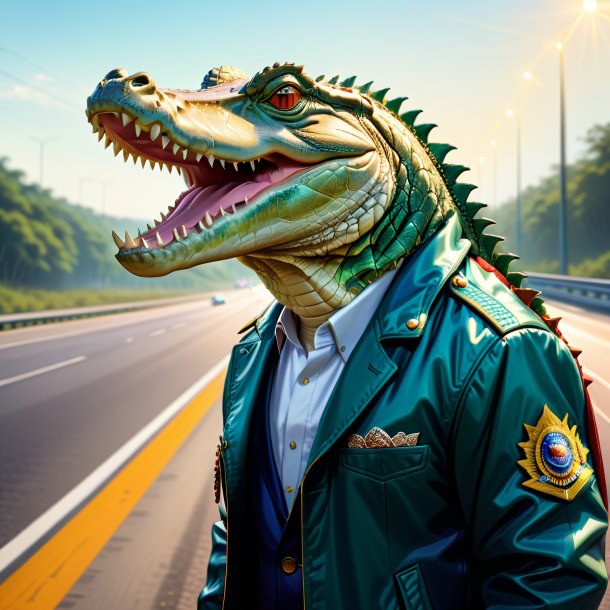 Dessin d'un crocodile dans une veste sur l'autoroute