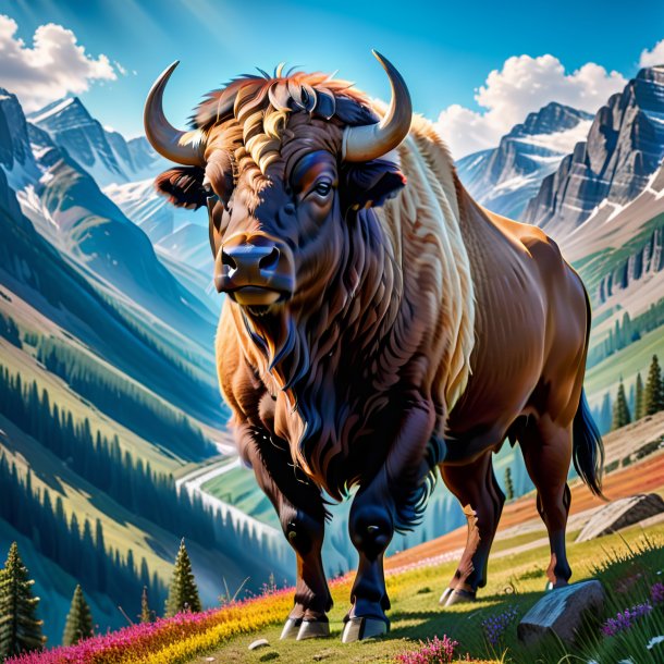 Picture of a buffalo in a dress in the mountains