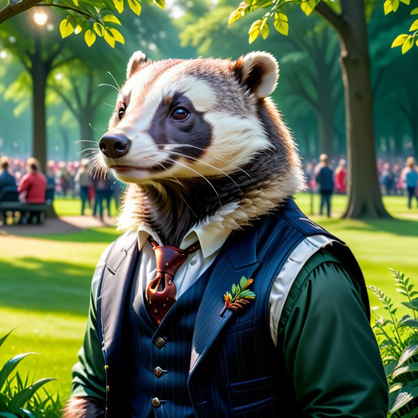 Picture of a badger in a vest in the park