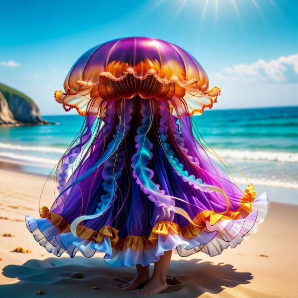 Imagem de uma água-viva em um vestido na praia