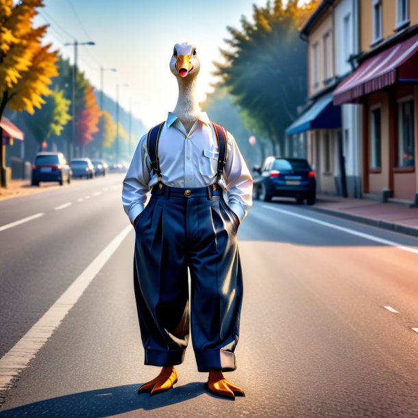 Pic of a goose in a trousers on the road