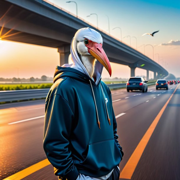 Pic d'une cigogne dans un sweat à capuche sur l'autoroute