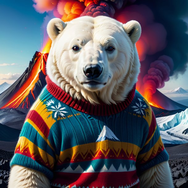 Image of a polar bear in a sweater in the volcano