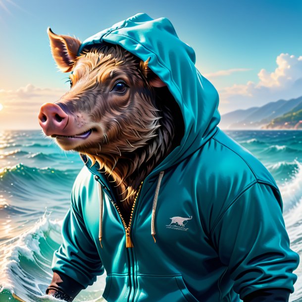 Foto de um javali em um hoodie no mar