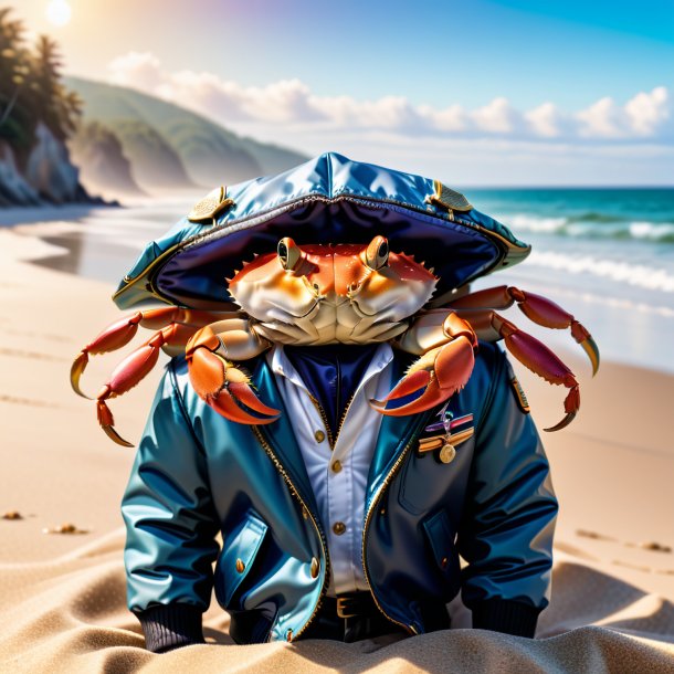 Picture of a crab in a jacket on the beach