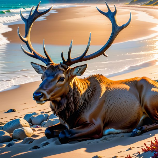 Photo of a resting of a elk on the beach