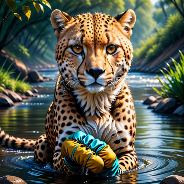 Illustration of a cheetah in a gloves in the river