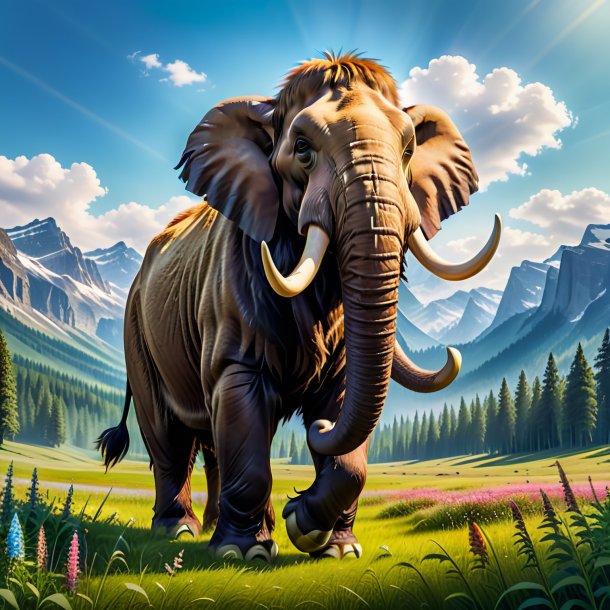 Image of a mammoth in a trousers in the meadow