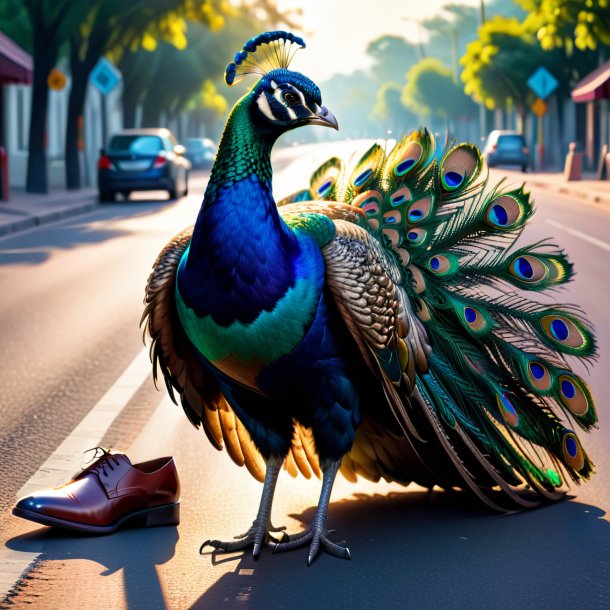 Foto de un pavo real en un zapato en el camino