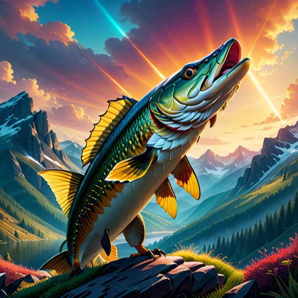 Illustration of a pike in a belt in the mountains