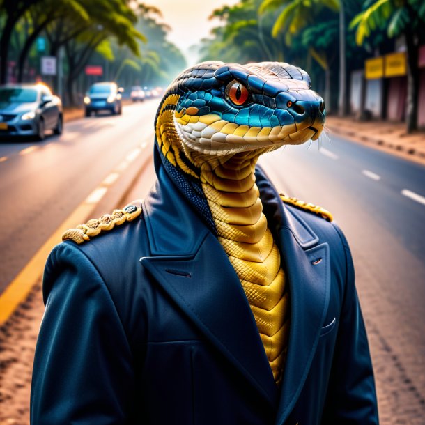 Picture of a king cobra in a coat on the road