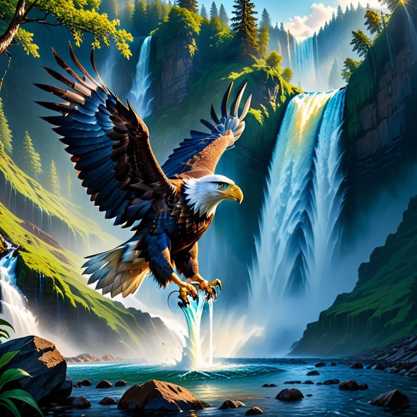 Photo of a eagle in a jeans in the waterfall