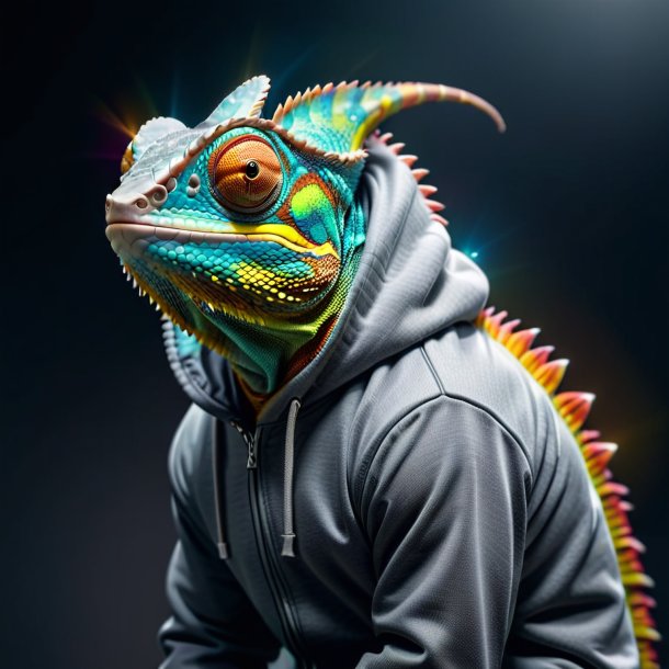 Image of a chameleon in a gray hoodie