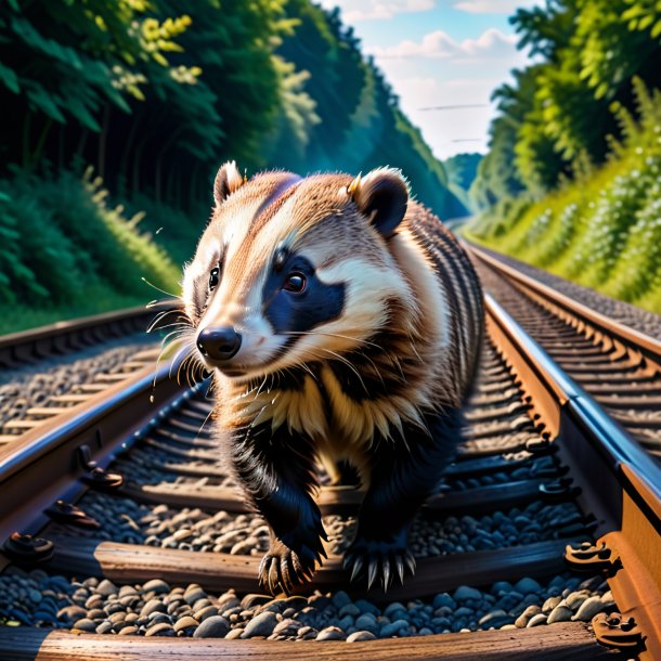 Foto de una natación de un tejón en las vías del tren