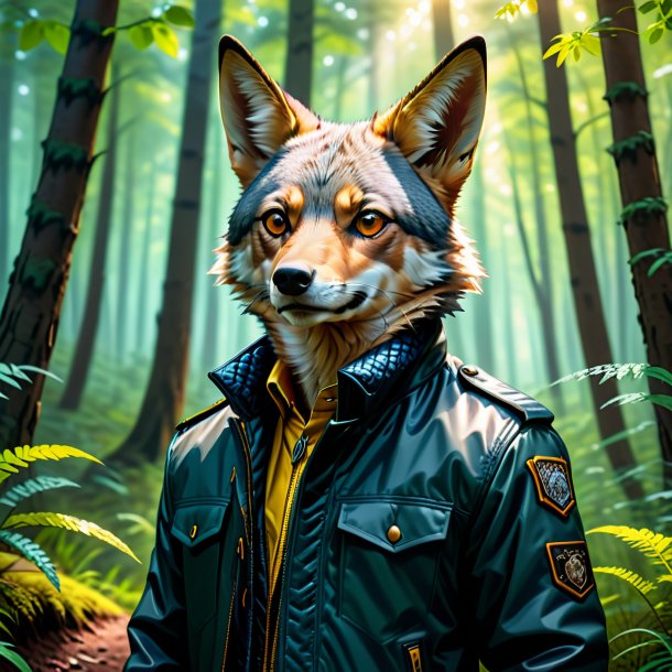 Ilustración de un chacal en una chaqueta en el bosque