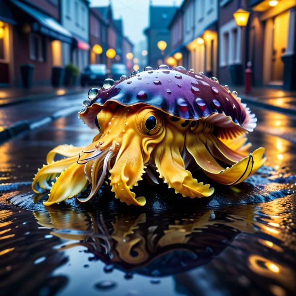 Picture of a cuttlefish in a gloves in the puddle