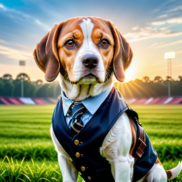 Image of a beagle in a vest on the field