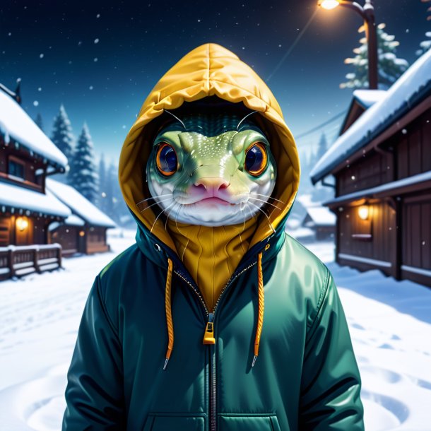 Ilustração de uma enguia em um hoodie na neve