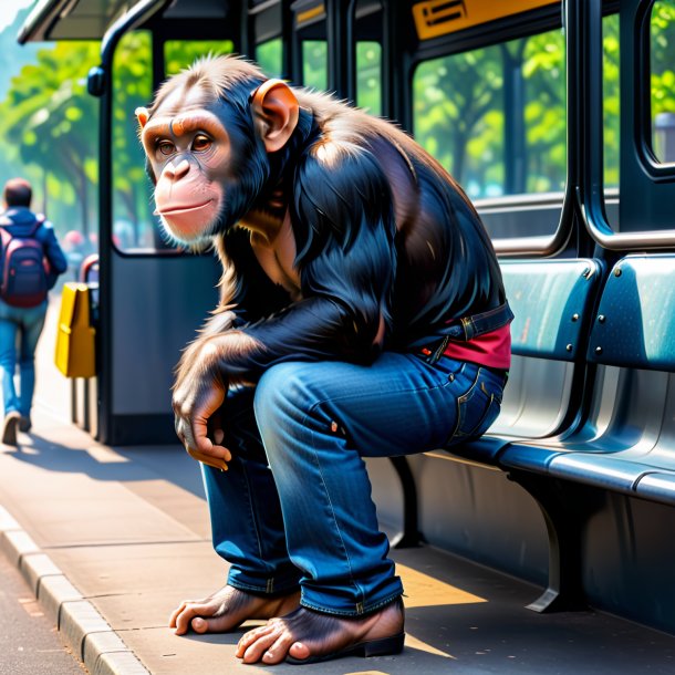 Picture of a chimpanzee in a jeans on the bus stop