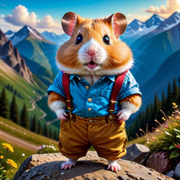 Imagem de um hamster em uma calça nas montanhas