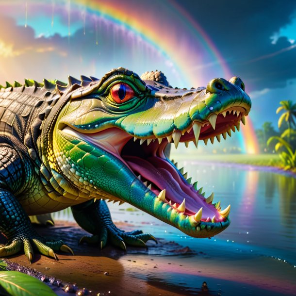 Photo of a crying of a alligator on the rainbow