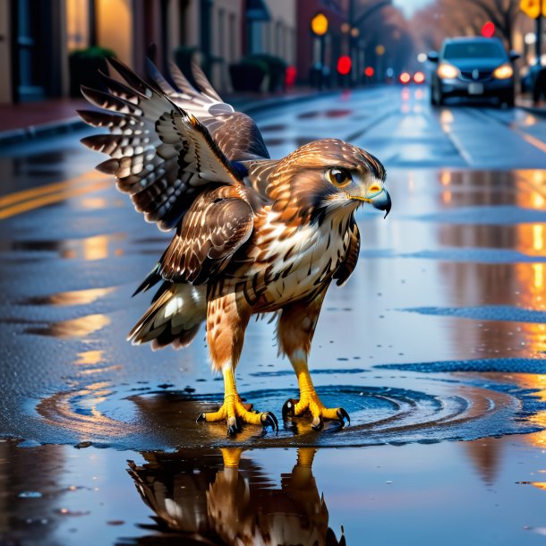 Photo of a hawk in a skirt in the puddle