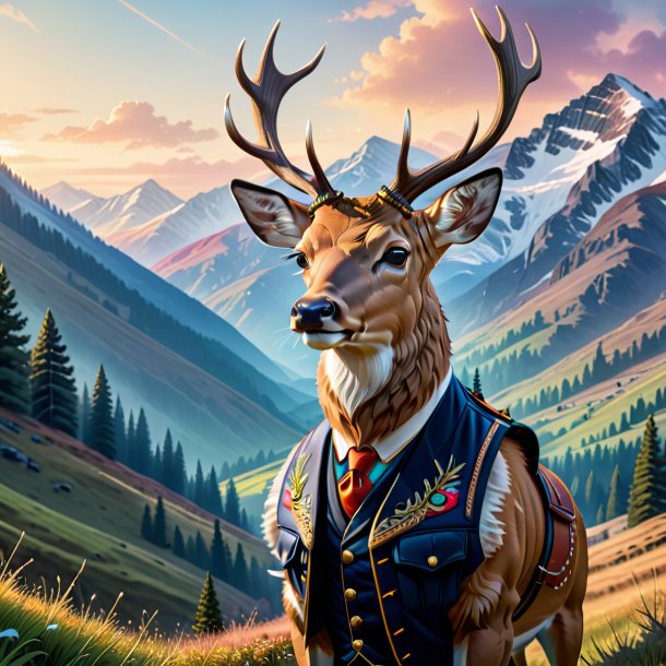 Illustration of a deer in a vest in the mountains