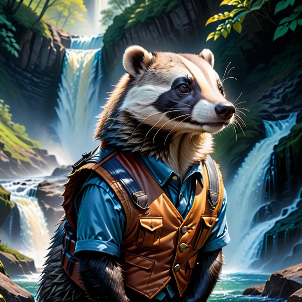 Drawing of a badger in a vest in the waterfall