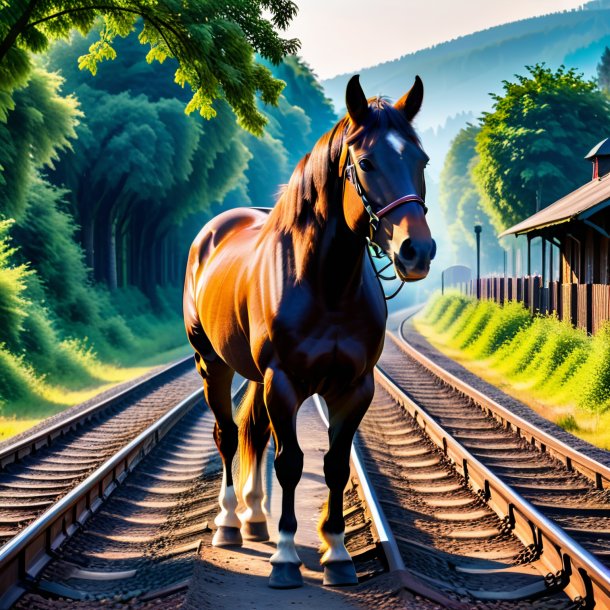 Photo of a waiting of a horse on the railway tracks